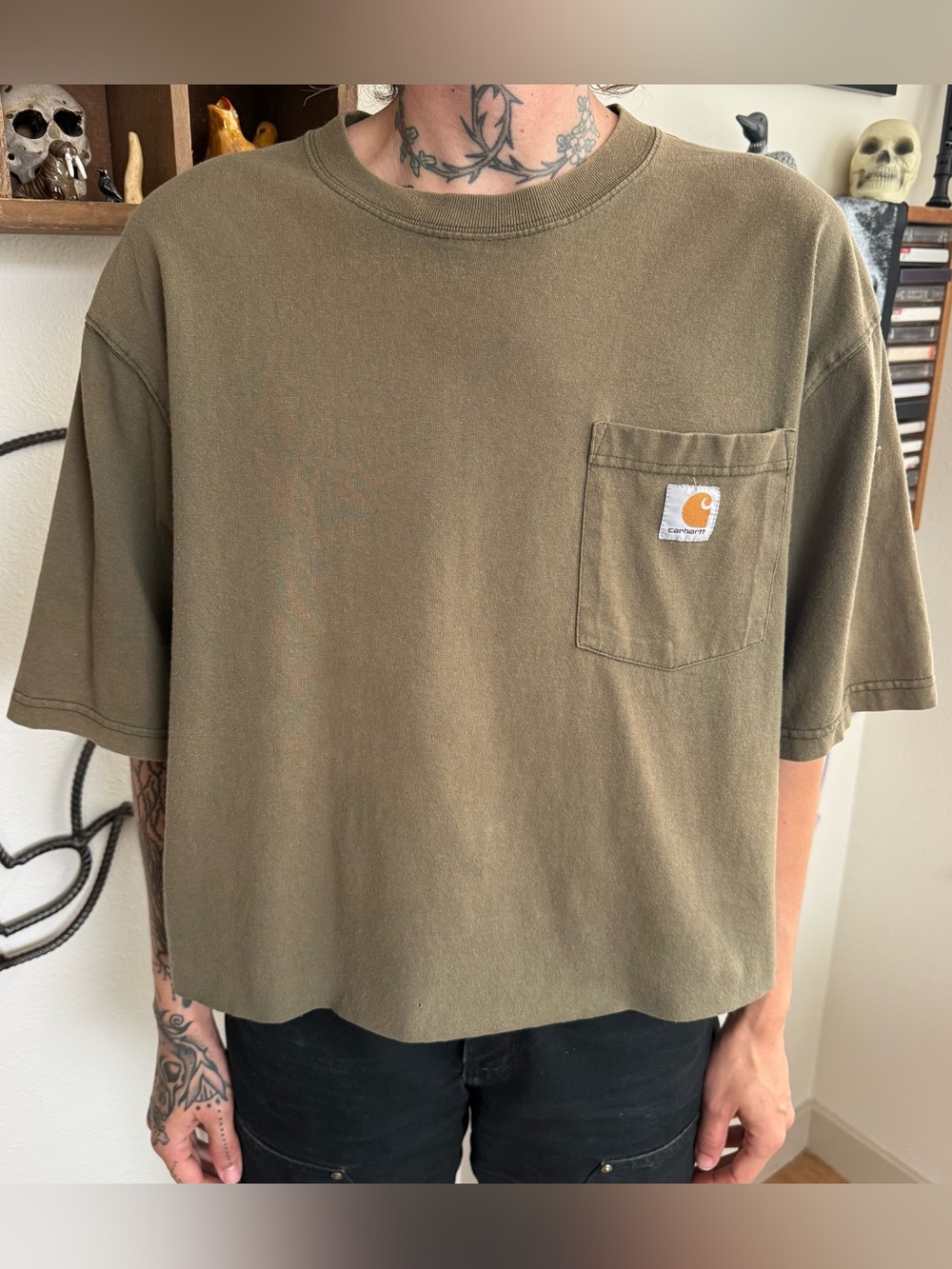 Carhartt K87 Cropped Earthy Green Short Sleeve Pocket Tee ~ Size Large